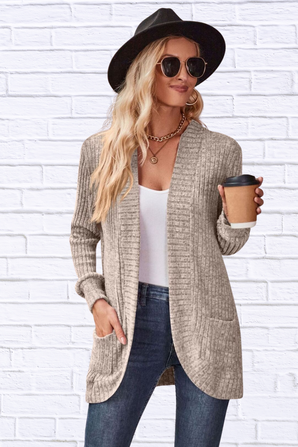 Ribbed Open Front Long Cardigan with Pockets Apricot