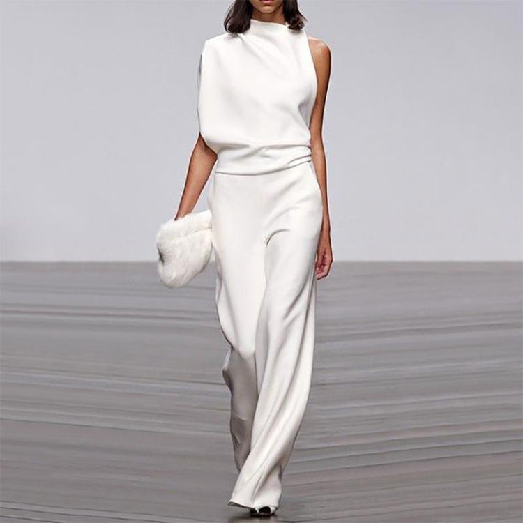 Solid Color One Shoulder Jumpsuit White