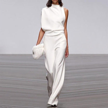 Solid Color One Shoulder Jumpsuit White
