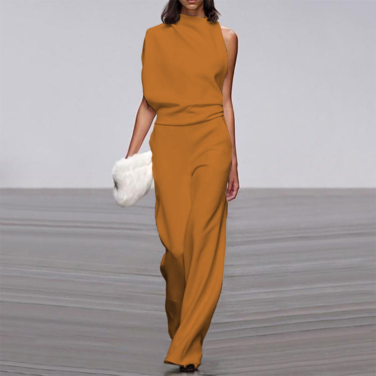 Solid Color One Shoulder Jumpsuit Yellow Orange