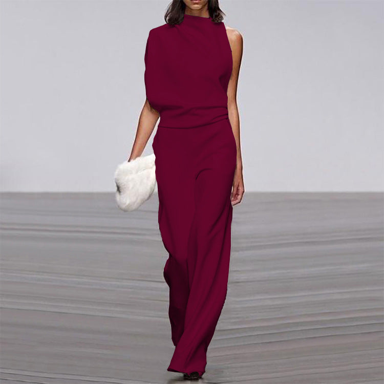 Solid Color One Shoulder Jumpsuit Burgundy