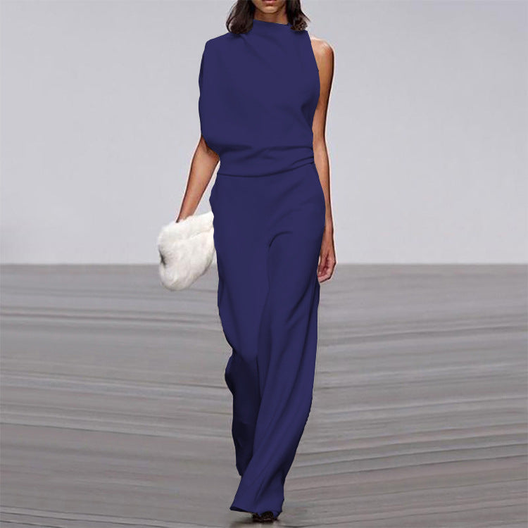 Solid Color One Shoulder Jumpsuit purplish blue