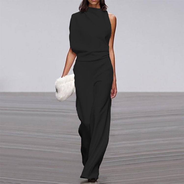Solid Color One Shoulder Jumpsuit Black