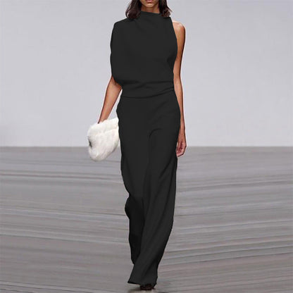 Solid Color One Shoulder Jumpsuit Black