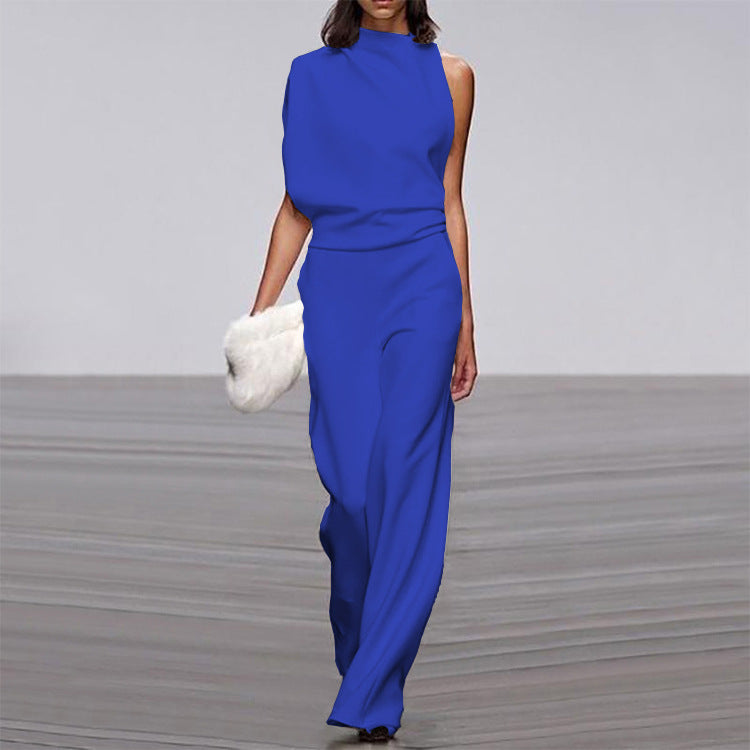Solid Color One Shoulder Jumpsuit Blue