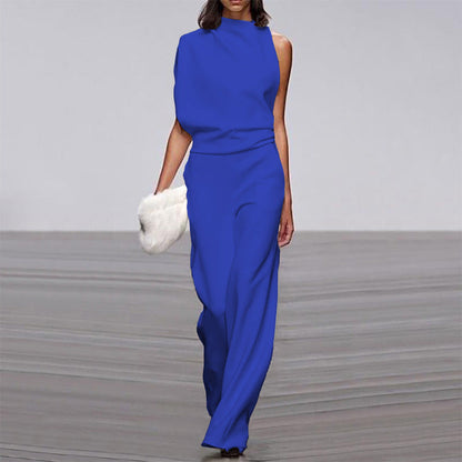 Solid Color One Shoulder Jumpsuit Blue