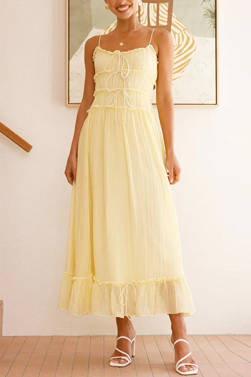 Spaghetti Strap Frill Trim Tie Bow Maxi Dress