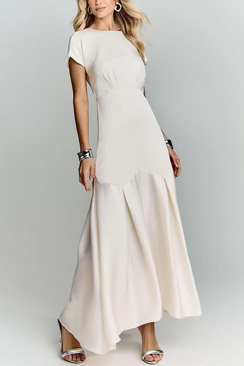 Crewneck Short Sleeves Back Cut Out Satin Maxi Dress