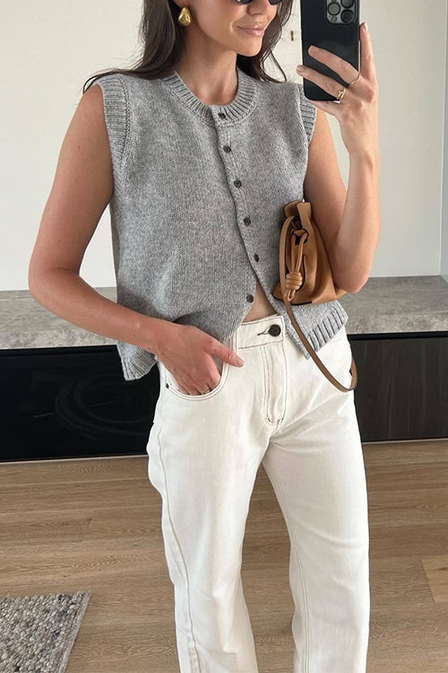 Crewneck Sleeveless Button Down Knitting Top Gray