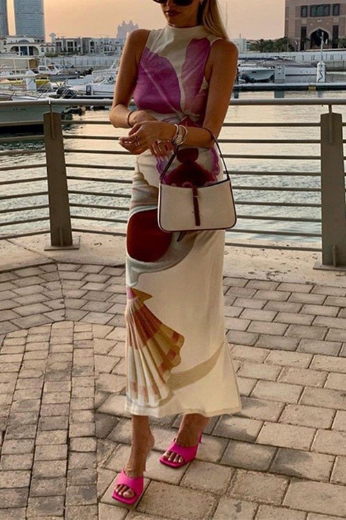 Mockneck Sleeveless Back Slit Floral Print Maxi Dress