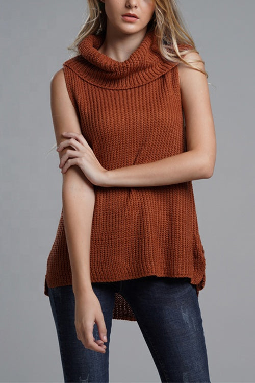 Cowl Neck Side Slit Sleeveless Sweater Vest