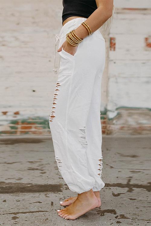 Heididress Tie Waist Ripped Cut Out Joggers with Pockets