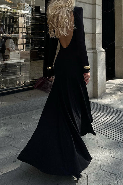 High Neck Long Sleeves Open Back Swing Maxi Dress