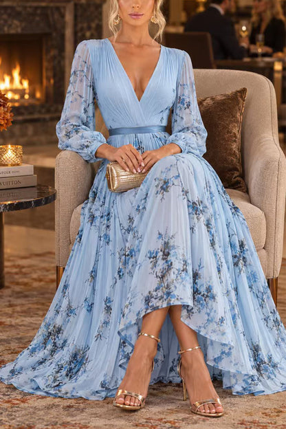 V Neck Lantern Long Sleeves Floral Print Pleated Maxi Dress (C)