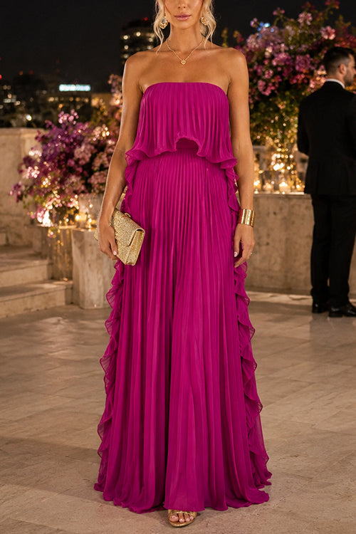 Strapless Tube Ruffle Hem Pleated Maxi Dress