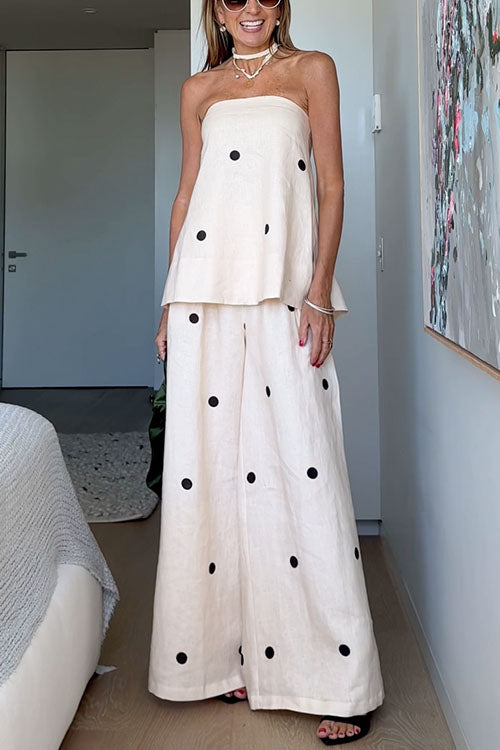 Polka Dot Strapless Top and Wide Leg Palazzo Pants Set