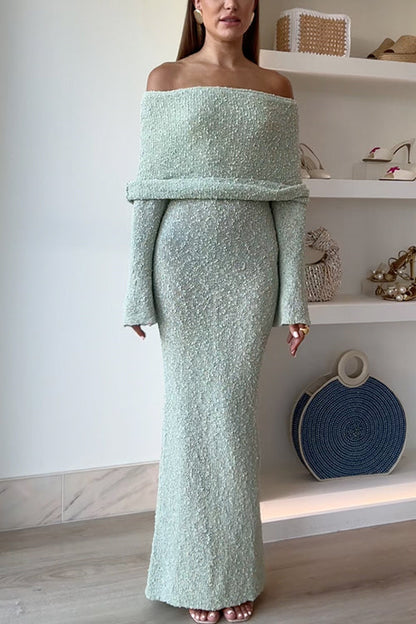 Off Shoulder Long Sleeves Bodycon Knit Maxi Dress