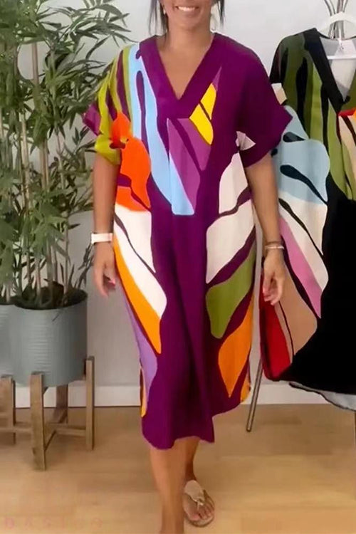 V Neck Short Sleeves Printed Flowy Midi Shift Dress Purple