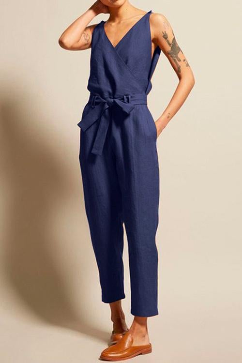 Josh V Neck Bow Knot Sleeveless Jumpsuit DarkBlue