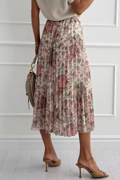 Elastic Waist Floral Print Midi Skirt