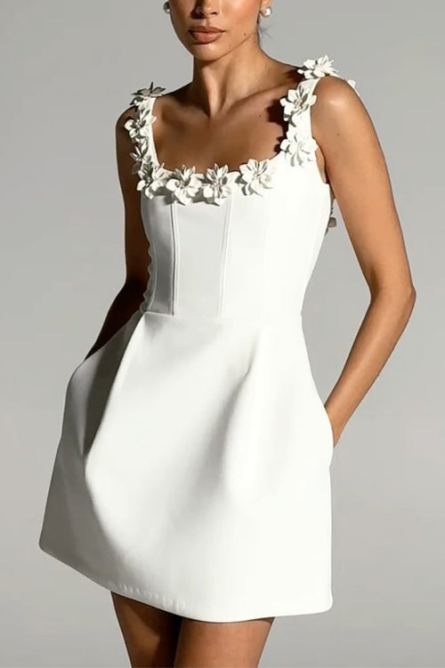 Strappy Floral Neckline Sleeveless Mini Dress