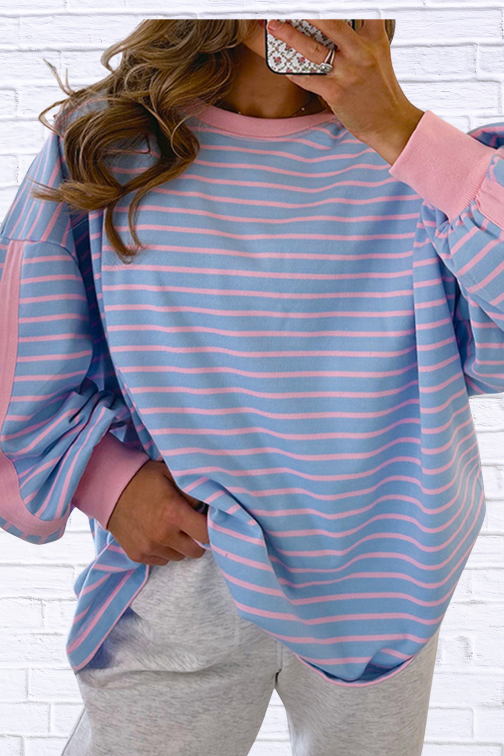 Stripe Oversize Contrast Trim Drop Shoulder Sweatshirt Blue Purple