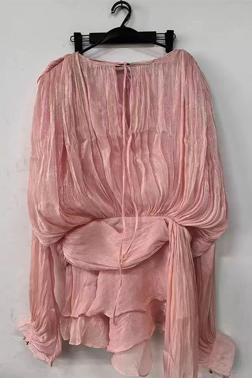 Lantern Long Sleeves Draped Ruffle Layered Mini Dress with Shorts