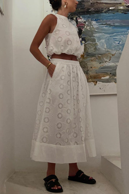 Elastic Waist Lace Hollow Out Pocketed Maxi Skirt