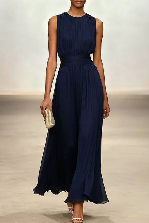 Crewneck Sleeveless Zipper Back Waisted Maxi Dress
