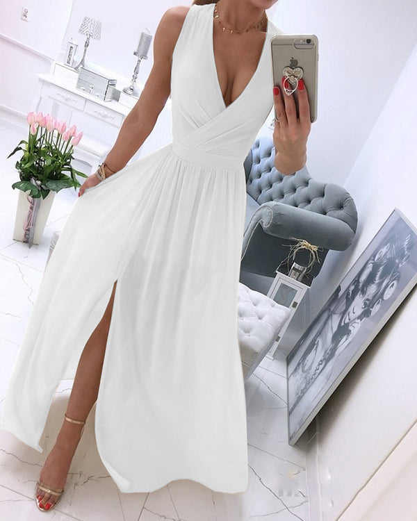 Clidress Boho V Neck Chiffon Maxi Dress