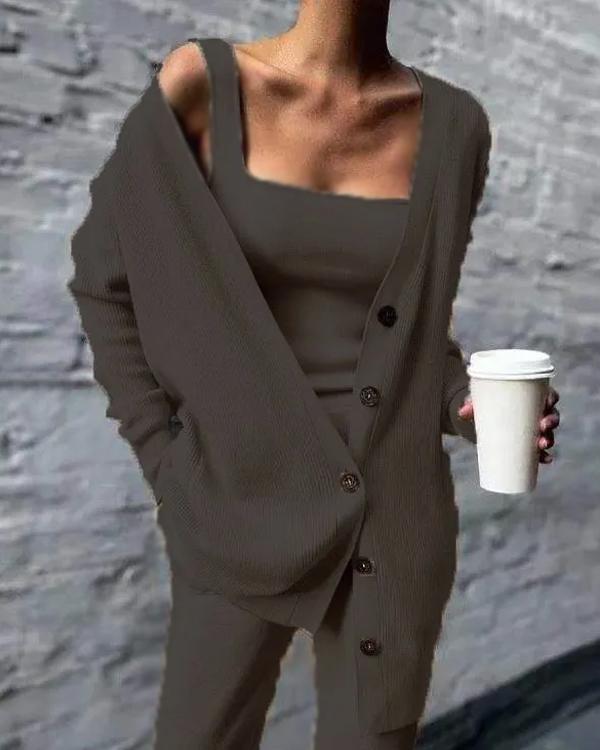 Clidress Camisole Sweater Cardigan Knit Pants 3 Pieces Set