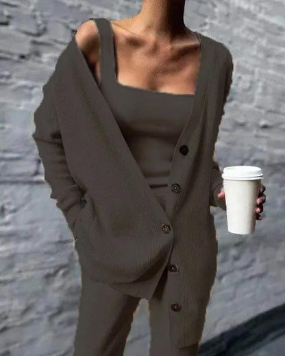 Clidress Camisole Sweater Cardigan Knit Pants 3 Pieces Set