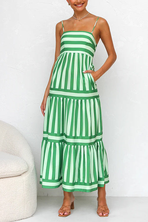 Spaghetti Strap Tiered Color Block Striped Maxi Dress Green