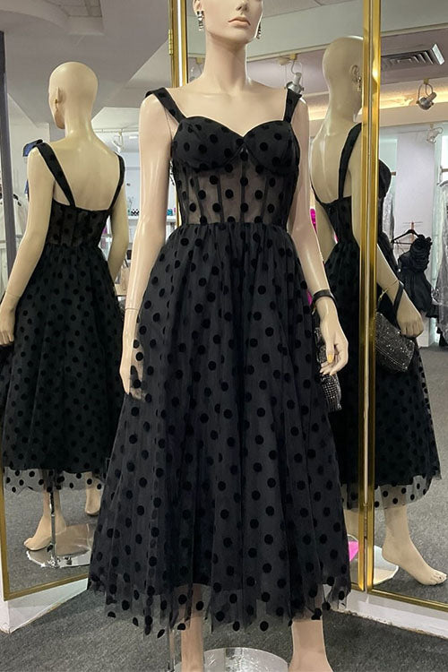 V Neck Polka Dot Mesh A-line Midi Cami Dress