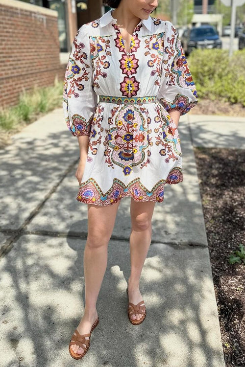 Lantern Sleeves Button Up Waisted Bohemia Print Mini Dress