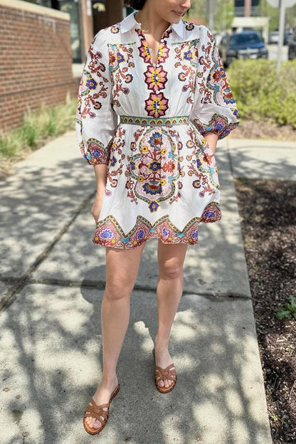 Lantern Sleeves Button Up Waisted Bohemia Print Mini Dress
