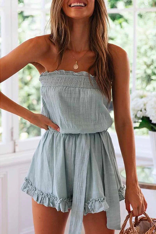Off Shoulder Sleeveless Tie Waist Ruffle Romper