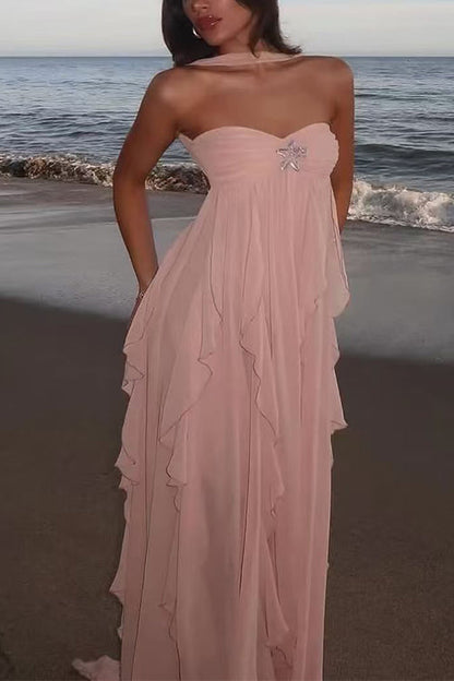 Sleeveless Open Back Ruffle Trim Slit Maxi Dress