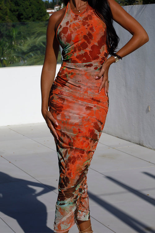 Halter Backless Cut Out Mesh Overlay Tie Dye Bodycon Midi Dress