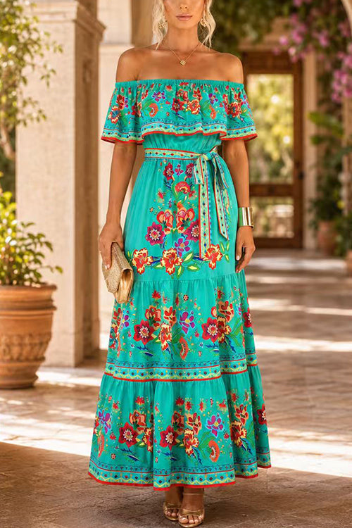 Off Shoulder Bow Waist Floral Print Ruffle Tiered Maxi Dress