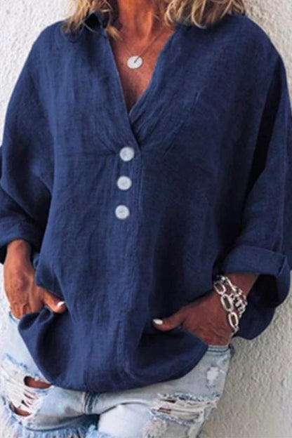 V Neck Long Sleeve Cotton Linen Shirt DarkBlue