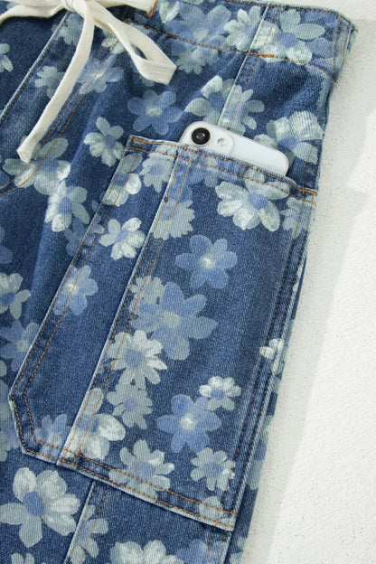 Dainty Floral Printed Drawstring Barrel Jeans