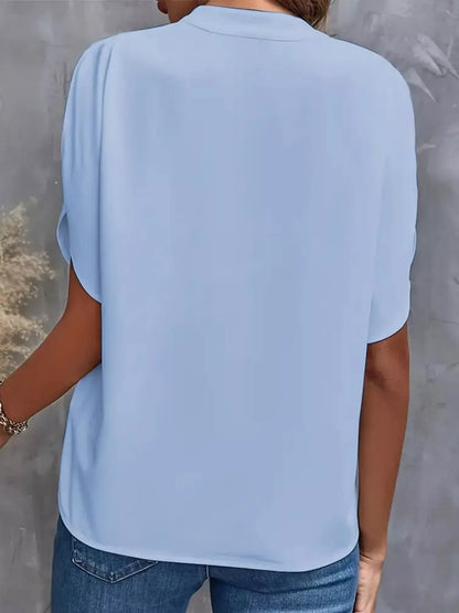 Notched Slit Short Sleeve Blouse