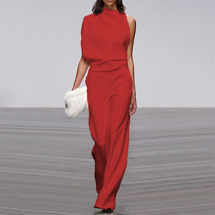 Solid Color One Shoulder Jumpsuit Red