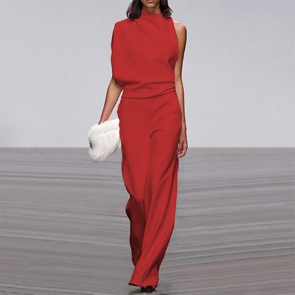 Solid Color One Shoulder Jumpsuit Red