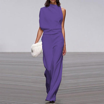 Solid Color One Shoulder Jumpsuit Purple