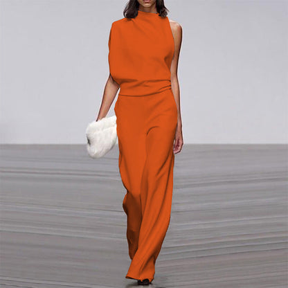Solid Color One Shoulder Jumpsuit Orange