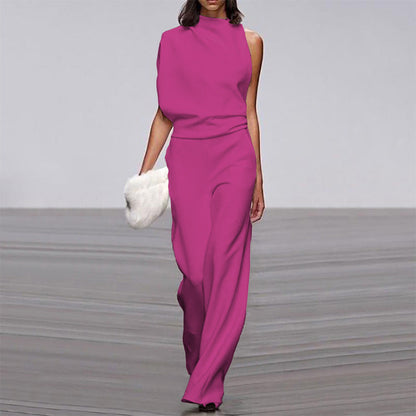Solid Color One Shoulder Jumpsuit Plum Red