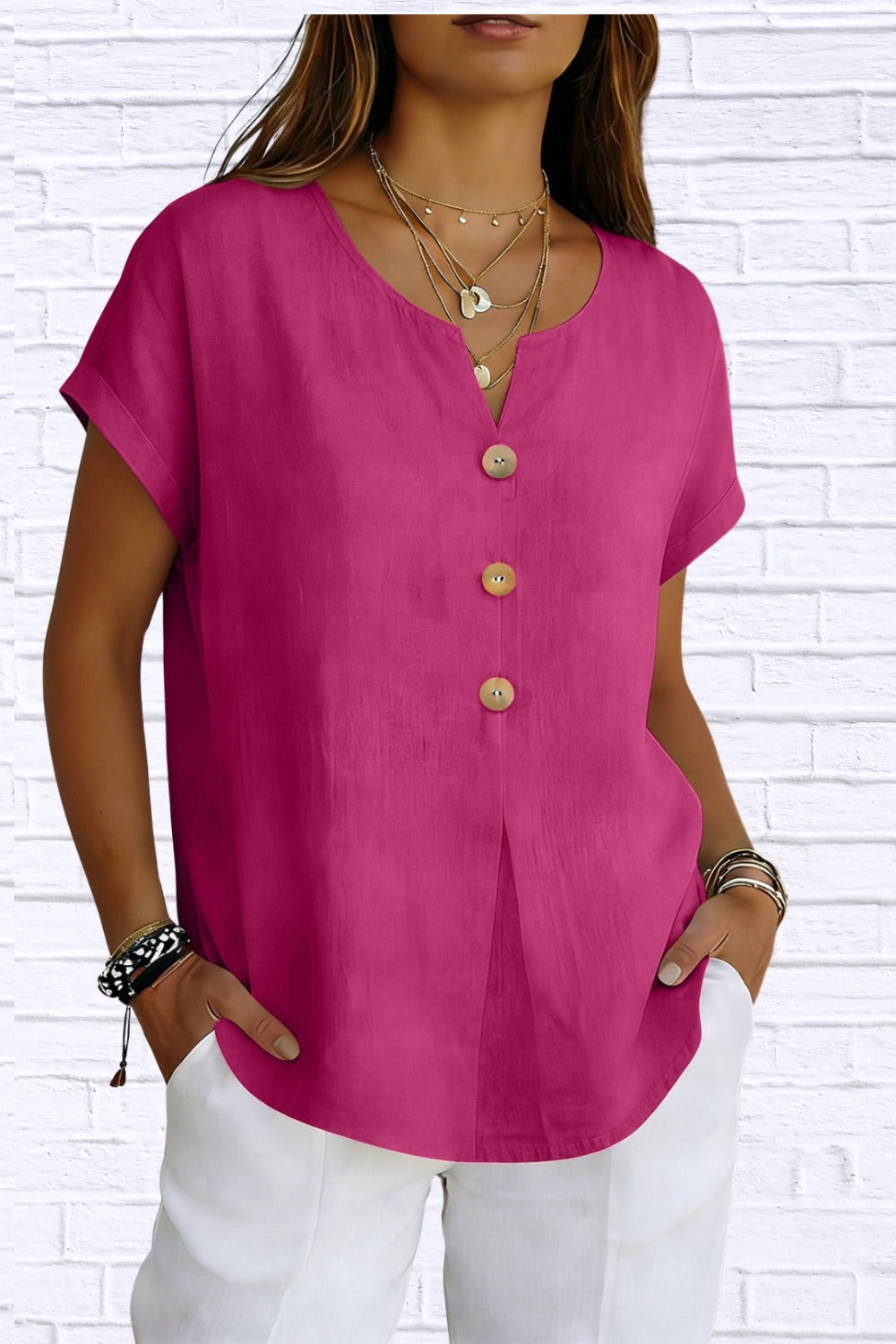 Decor Button Short Sleeve Blouse | Elegant Women’s Top