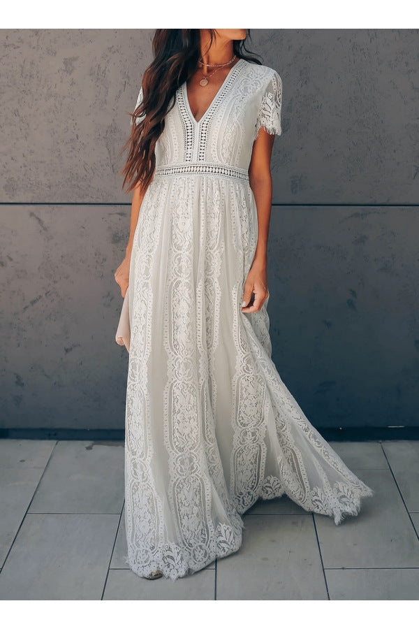 V neck Short Sleeve Hollow Out Sexy Lace Maxi Dress White